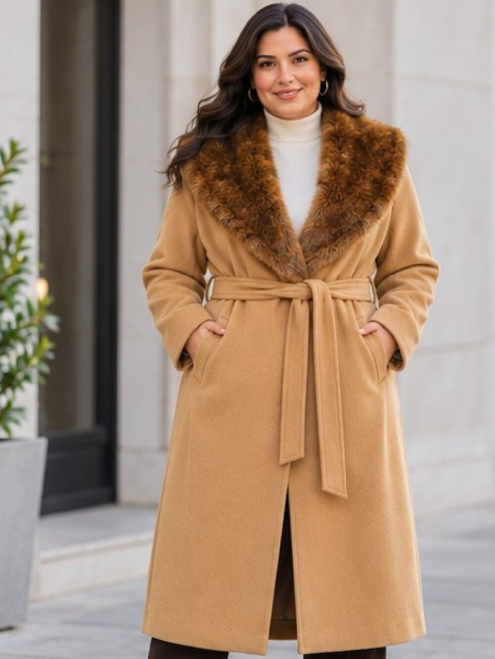 Spiegel Vintage Camel Tan Long Wrap Coat w/ Faux Fur Collar